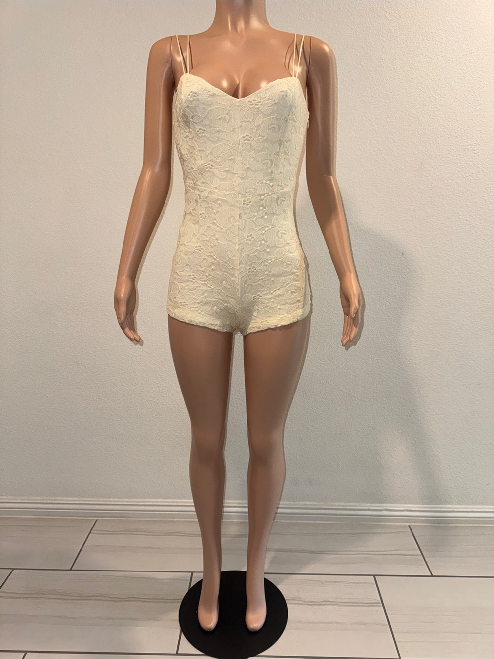 Cream Lace Romper Bodysuit with Double Spaghetti Straps